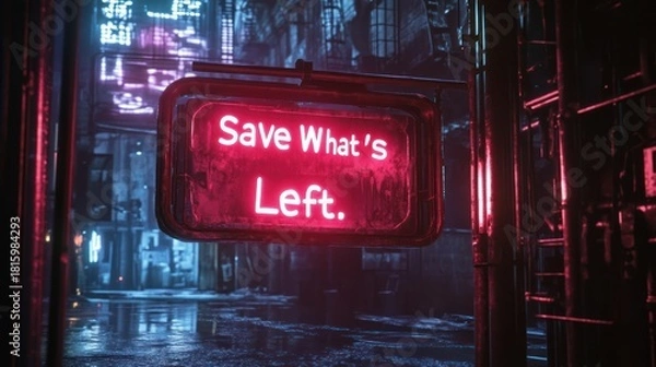 Obraz Neon Sign Illuminating Urban Decay, Offering a Stark Reminder to Persevere