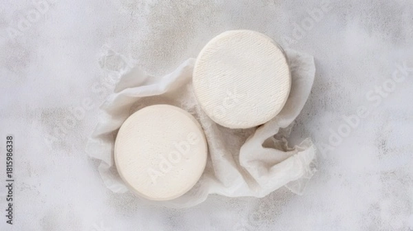 Fototapeta Fresh Adyghe Cheese Wheels on White Background Isolated. Generative AI