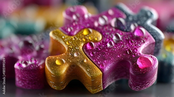 Obraz Vibrant macro close-up of colorful puzzle pieces with water droplets, ultra-detailed textured surfaces, glossy reflections, vivid pink and gold tones, abstract playful composition with shallow depth o