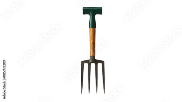 Fototapeta A sturdy garden fork with a wooden handle and dark green grip isolated on transparent background