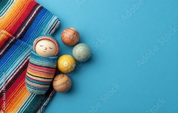 Obraz A baby doll, wrapped in a blanket, and decorative eggs rest on a blue backdrop with a colorful blanket