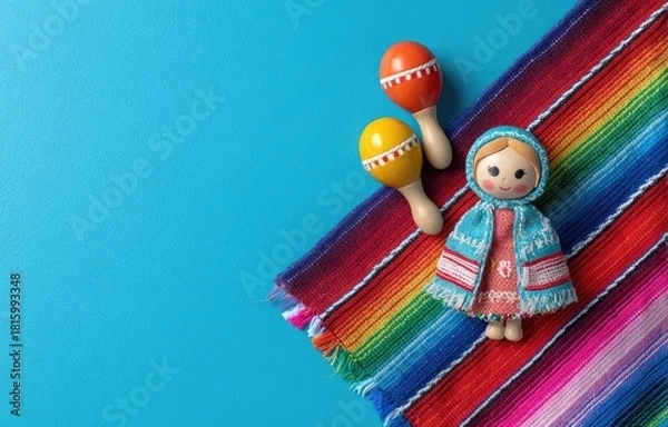 Fototapeta Vibrant still life featuring colorful textile, maracas, and a folk-art doll, all on a blue surface