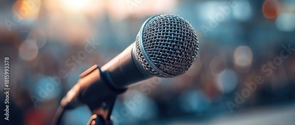 Fototapeta Close-up shot of a microphone on a stand, with a blurred background of a venue and lights