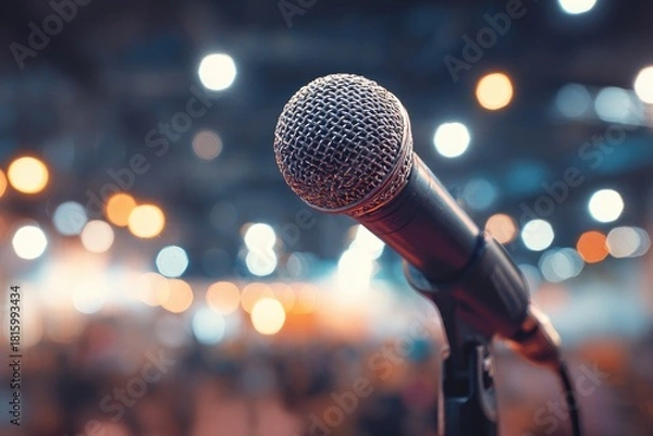 Fototapeta A close-up of a wired microphone on a stand with blurred background lights, conveying live performance
