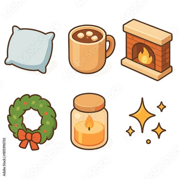 Fototapeta Cozy Holiday Icons. Comfort and Joy flat icon set : soft pillow, hot cocoa, fireplace glow, festive wreath, candle jar, gentle sparkle