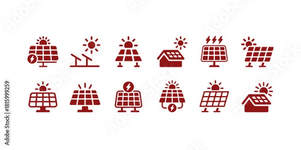 Fototapeta Set of solar panel icons representing clean energy, photovoltaic systems and sun-powered electricity. Solid vector icons collection.
