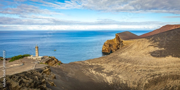 Fototapeta Panorama of Farol da Ponta dos Capelinhos with lava field, Faial, Azores