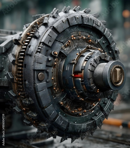 Obraz Highly detailed industrial machine rotor with rugged mechanical components, textured metal surfaces, complex gears, bolts and heavy engineering design captured in dramatic close-up perspective
