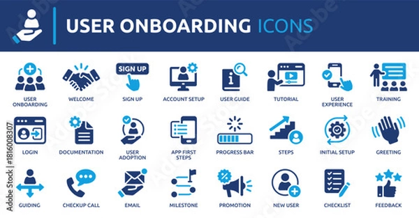 Fototapeta User onboarding solid vector icon collection, welcome, sign up, user guide, tutorial, UX, login and more.
