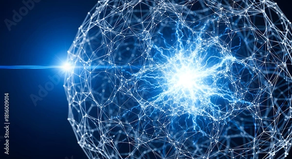 Fototapeta Abstract glowing neural network with bright light and connections