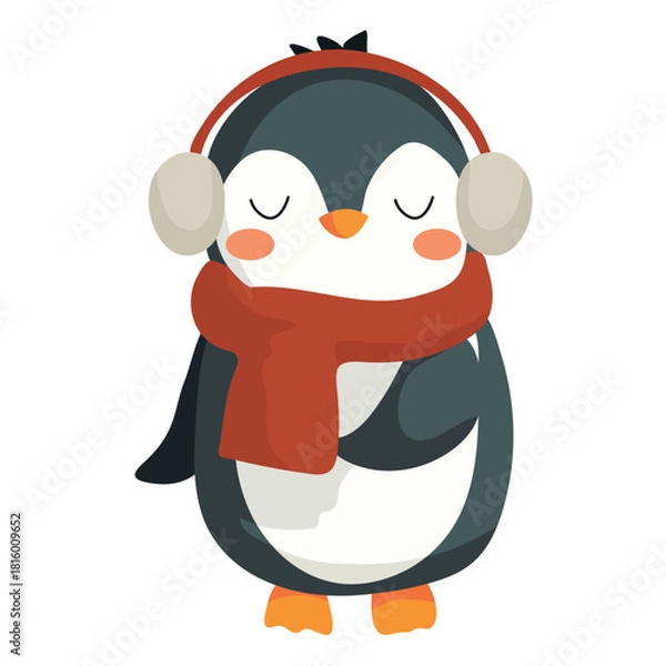 Obraz Cute penguin in warm scarf and hat. Vector illustration.