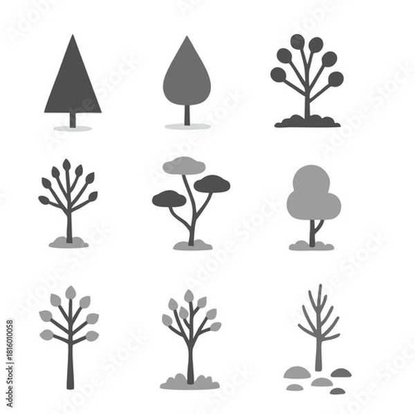 Obraz A collection of nine distinct grayscale tree icons with various shapes and styles, representing different plant forms.