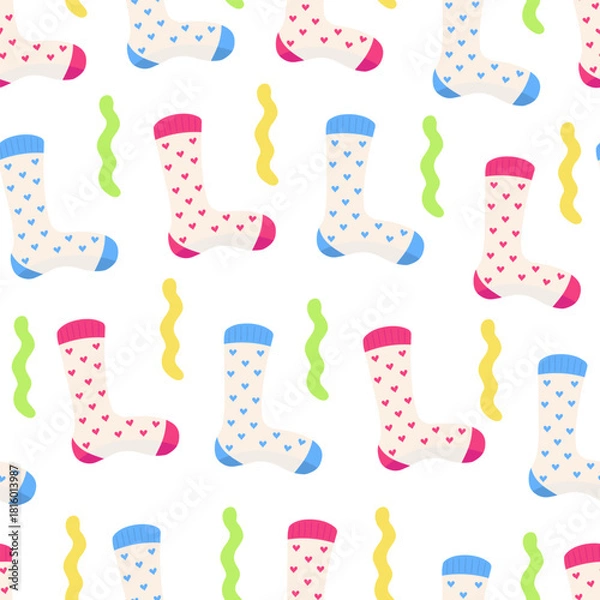 Fototapeta Socks seamless pattern with hearts, love pair sock. Vector Illustration for printing, backgrounds, covers and packaging. Image can be used for cards, posters and textile. Isolated on white background.
