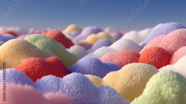 Obraz Soft colorful abstract landscape of fluffy textured 3D shapes resembling pastel coral hills, detailed micro-surface patterns, dreamy gradient lighting and smooth organic geometry
