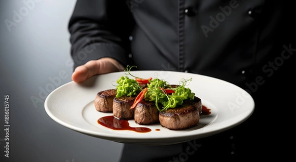 Fototapeta Chef presents a plate of gourmet beef tenderloin medallions with garnish