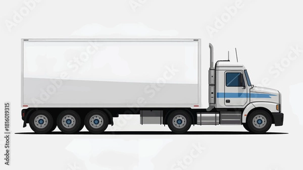 Fototapeta A detailed vector illustration of a white semi trailer truck with a large cargo box and multiple wheels presented in a clean silhouette style