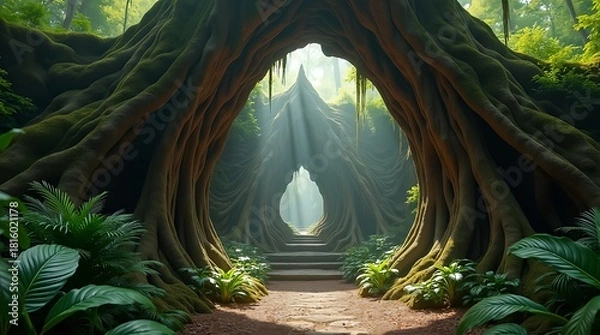 Fototapeta Enchanting forest passage with ancient tree roots forming a natural archway, leading to a sunlit clearing