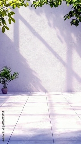 Obraz Sunlight and shadow patterns create a serene atmosphere on a white wall and tiled floor, with lush green leaves framing the top.