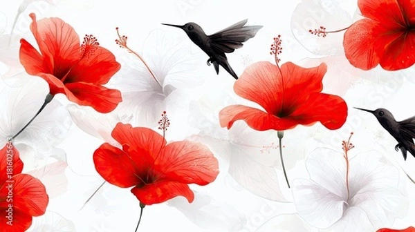 Fototapeta A seamless pattern featuring bright red hibiscus flowers and silhouetted black hummingbirds on a white background.