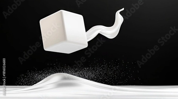 Fototapeta A white cube is suspended in the air, with a splash of white liquid flowing from it and sugar granules scattered below.
