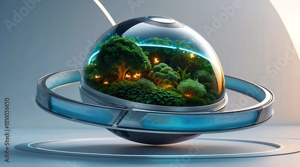 Fototapeta Futuristic orb containing a lush green ecosystem with glowing lights