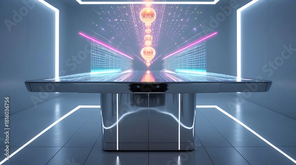 Fototapeta Futuristic holographic display table with neon lights