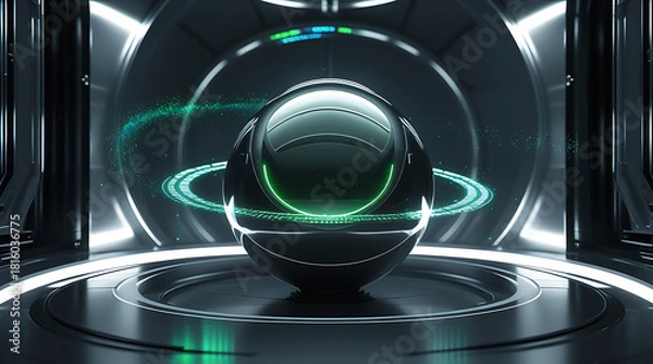 Fototapeta Futuristic orb in a sci fi chamber with glowing neon rings