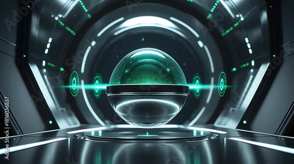 Fototapeta Futuristic sci fi tunnel with glowing green orb