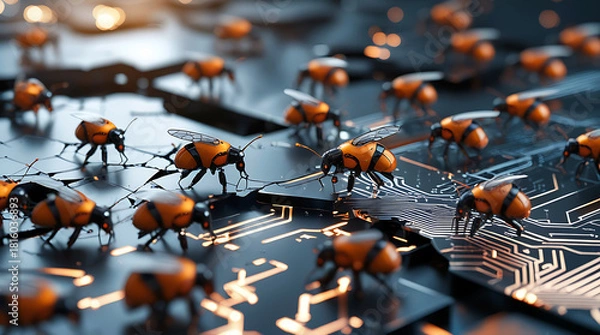 Fototapeta Robotic bees swarming on a futuristic circuit board