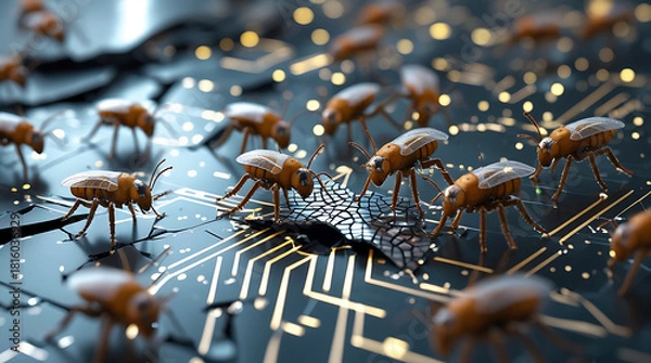 Fototapeta Robotic insects crawling on a futuristic circuit board