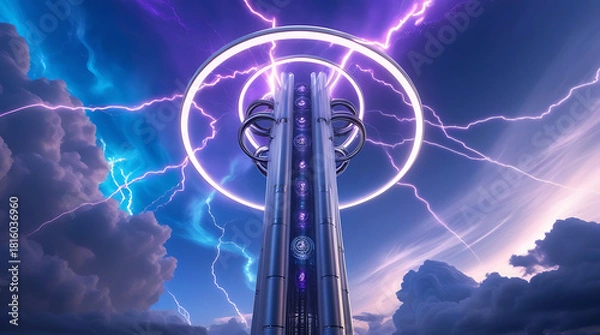 Fototapeta Futuristic tower with electric energy and stormy skies