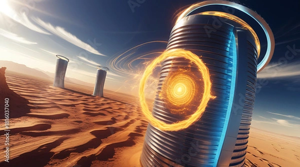 Fototapeta Futuristic desert cityscape with glowing structures and sand dunes