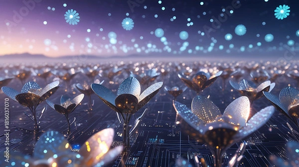 Fototapeta Vast crowd with raised hands under a digital sky