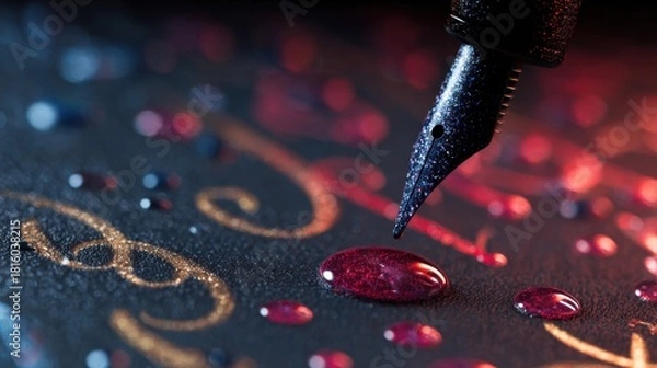 Obraz A dark textured surface with a speckled fountain pen tip poised over red ink droplets and swirling golden calligraphy