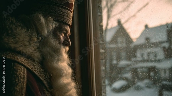 Obraz Elderly man with long white beard and festive attire looking out a window at a snowy village