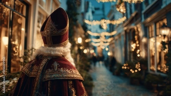 Obraz Saint Nicholas in ornate red robes with fur trim walks down a festive street illuminated by bokeh lights