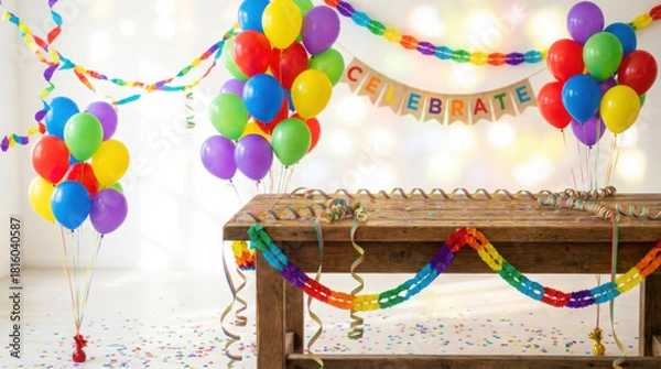 Fototapeta Colorful balloons streamers confetti and a CELEBRATE banner above a wooden table setup
