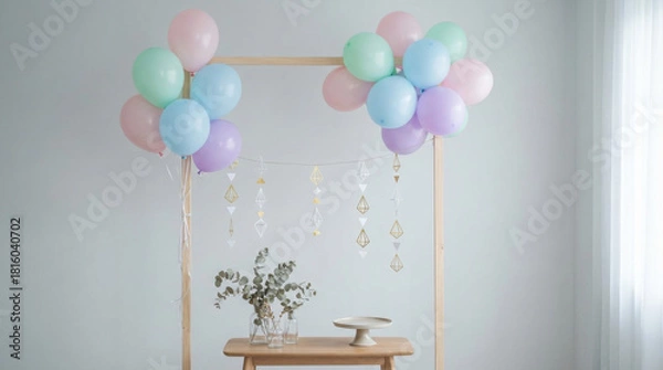 Fototapeta Pastel colored balloons frame a wooden table with eucalyptus in glass vases and a cake stand