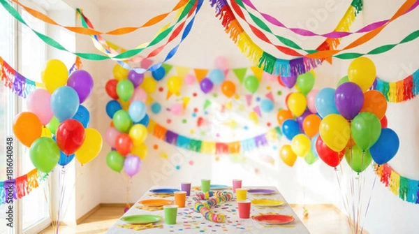 Fototapeta Colorful party decorations with balloons streamers and a set table ready for a celebration