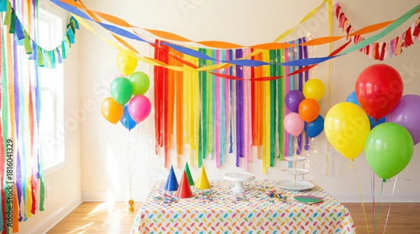 Fototapeta Vibrant rainbow streamers colorful balloons and party hats set up indoors