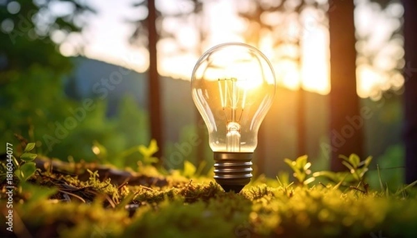 Obraz A light bulb stands on mossy ground, illuminated by the warm glow of a sunset, surrounded by trees, blending nature with artificial light.