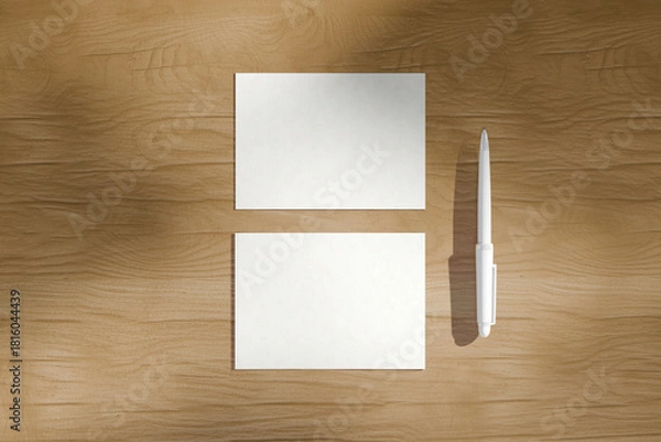 Obraz Blank Postcards with White Pen on Wooden Table Mockup