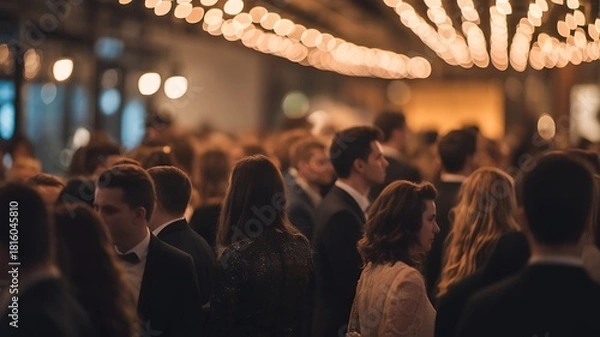 Fototapeta Blurred crowd of people gathered indoors under warm string lights at an event