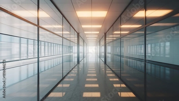 Fototapeta Modern illuminated office hallway with reflective floor and glass walls leading to light