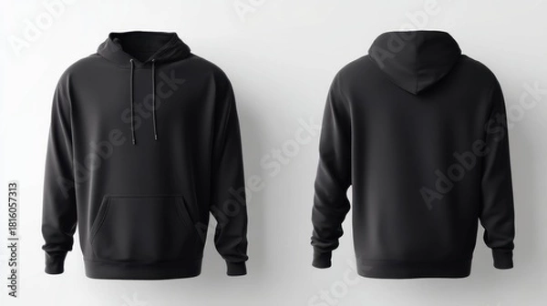 Fototapeta Black hoodie front and back view mockup for clothing design presentation. Concept of casual wear and apparel template.