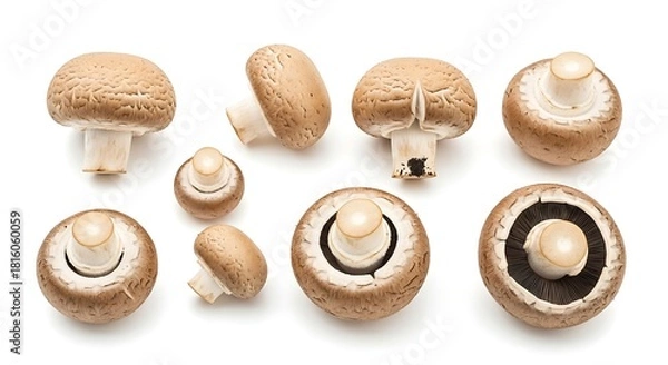 Fototapeta Assortment of brown cremini mushrooms shown from various angles on a white background food ingredient