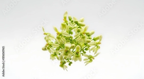 Obraz Delicate cluster of pale green moringa flowers with yellow stamens against a clean white background