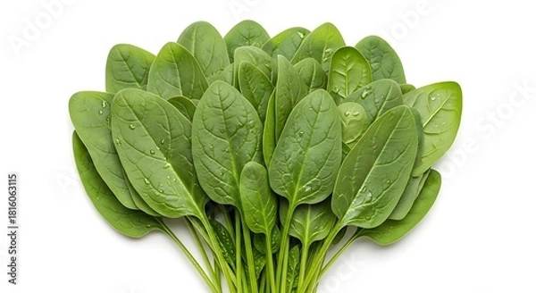 Fototapeta Bunch of fresh green spinach leaves with water droplets on a white background healthy