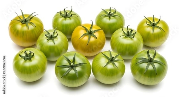 Fototapeta A group of ripe green tomatoes and one yellow tomato arranged on a white background fruit vegetable
