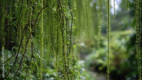 Fototapeta Lush green weeping willow branches cascade gently, adorned with delicate leaves and catkins, creating a serene, natural, and calming botanical scene.
